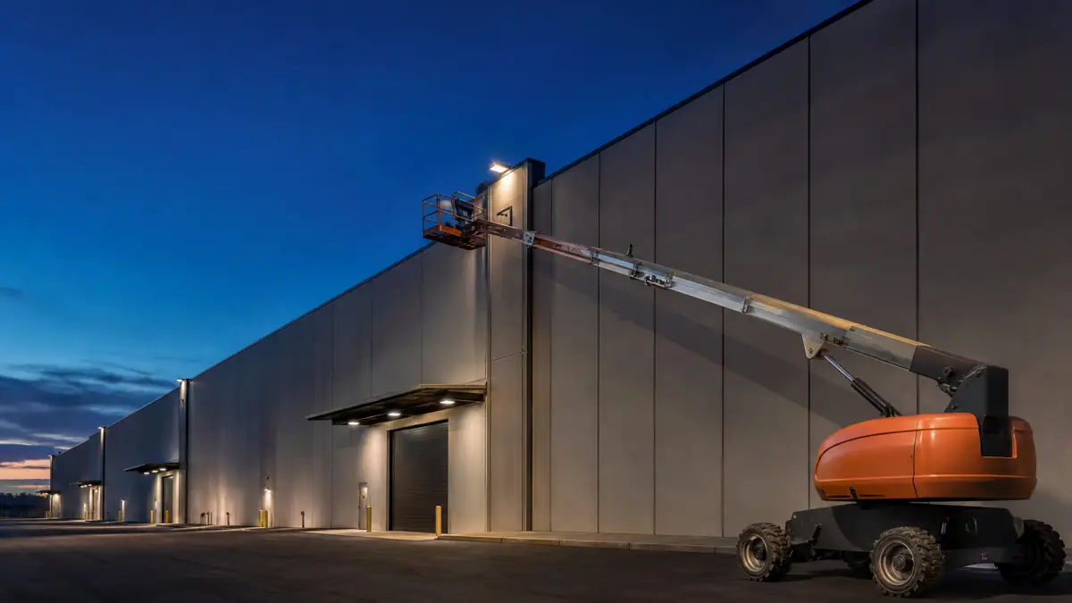Boom lift reaching a facility exterior in Dallas
